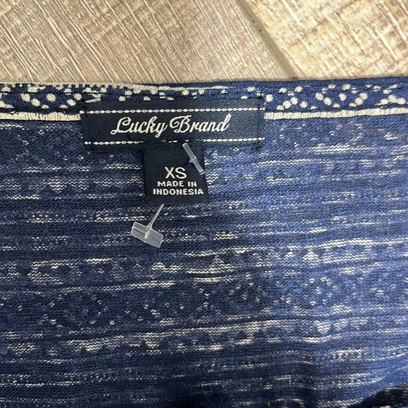 Lucky Brand Peasant Boho Long Sleeve Split Neck with Tassels Navy & Cream SZ XS - Picture 6 of 10